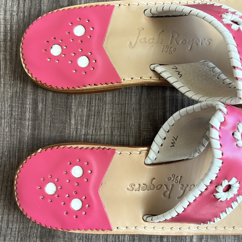 SOLD Jack Rogers Pink/Cream Navajo Leather Flat Sandals Whipstitch Barbiecore 7 - Picture 9 of 14